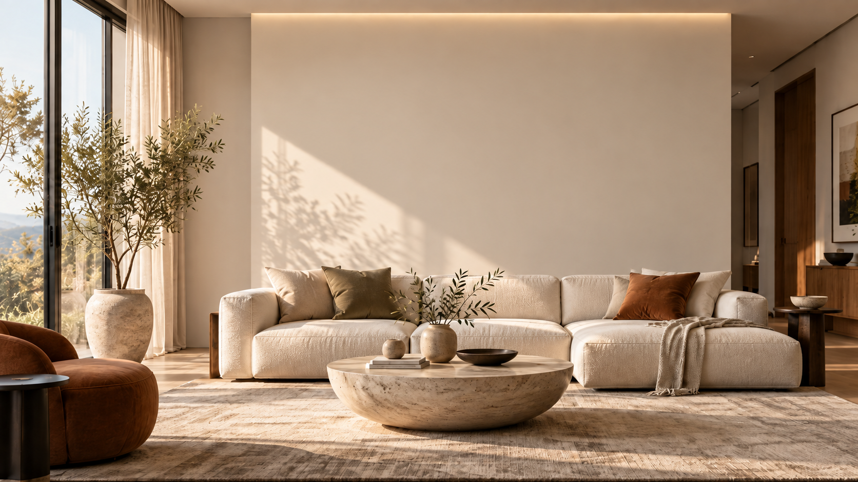 A sunlit living room with an empty wall above the sofa